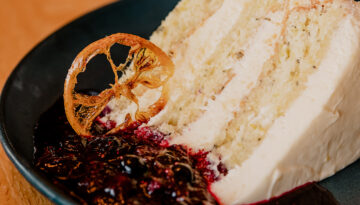 A slice of the lemon rosemary cake from Elizabeth's at the Art Museum in Corpus Christi, Texas.