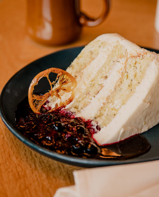 A slice of the lemon rosemary cake from Elizabeth's at the Art Museum in Corpus Christi, Texas.