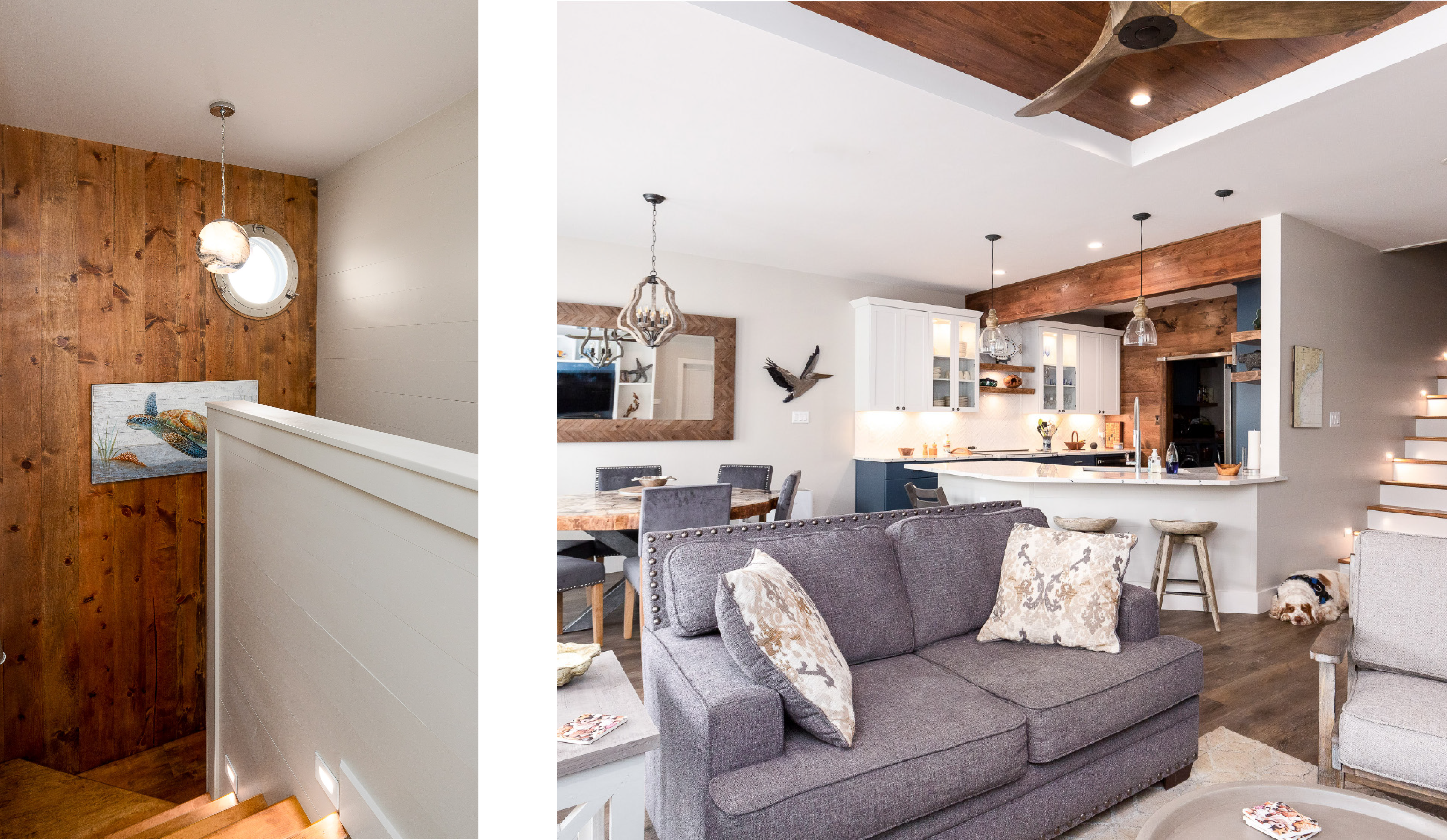 The coastal home features many found pieces from over time, like this vintage porthole from a disused ship.