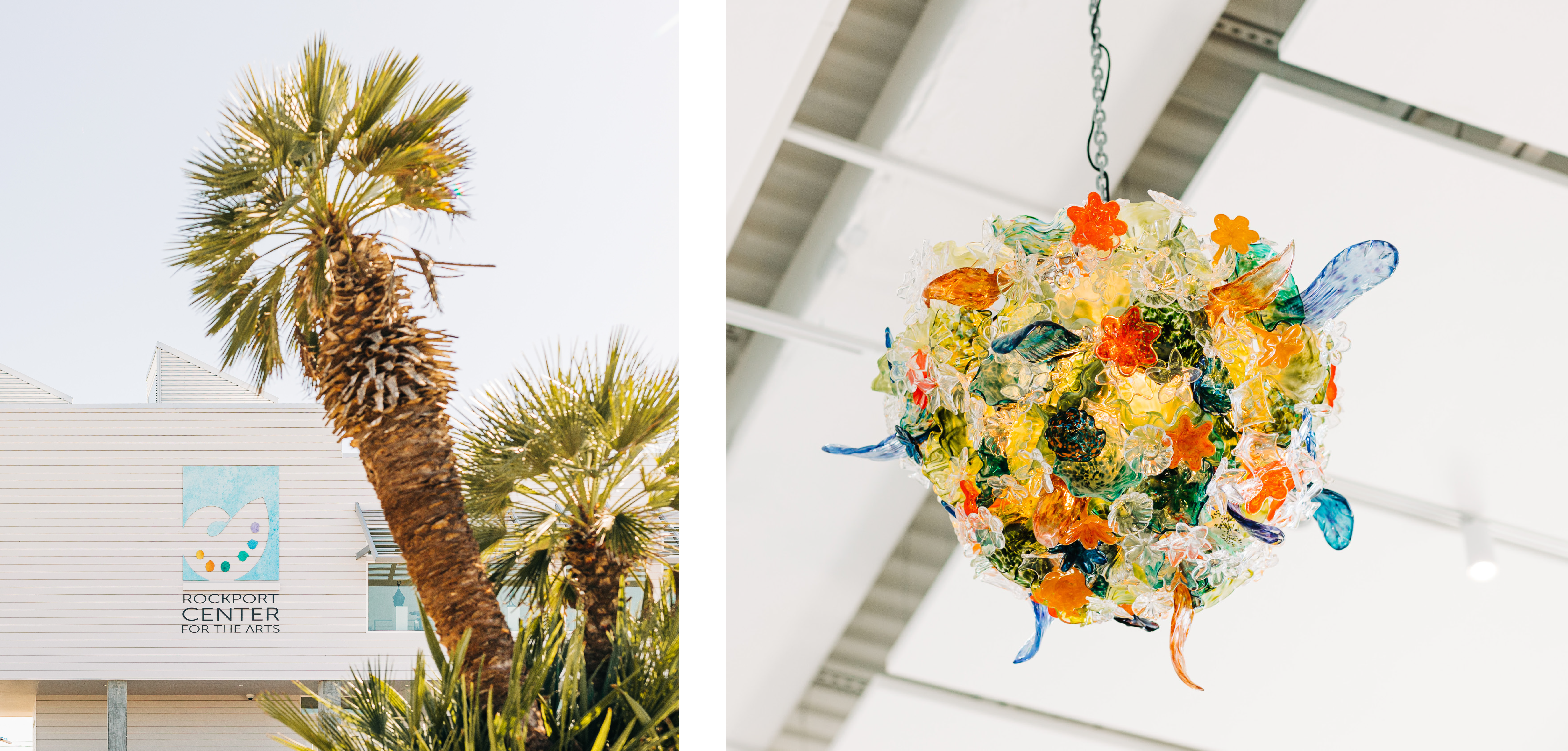 Image 1: An image of the landscaping in front of the Rockport Center for the Arts. Image 2: A glass-blown art fixture hangs from the ceiling of the new Rockport Center for the Arts campus.