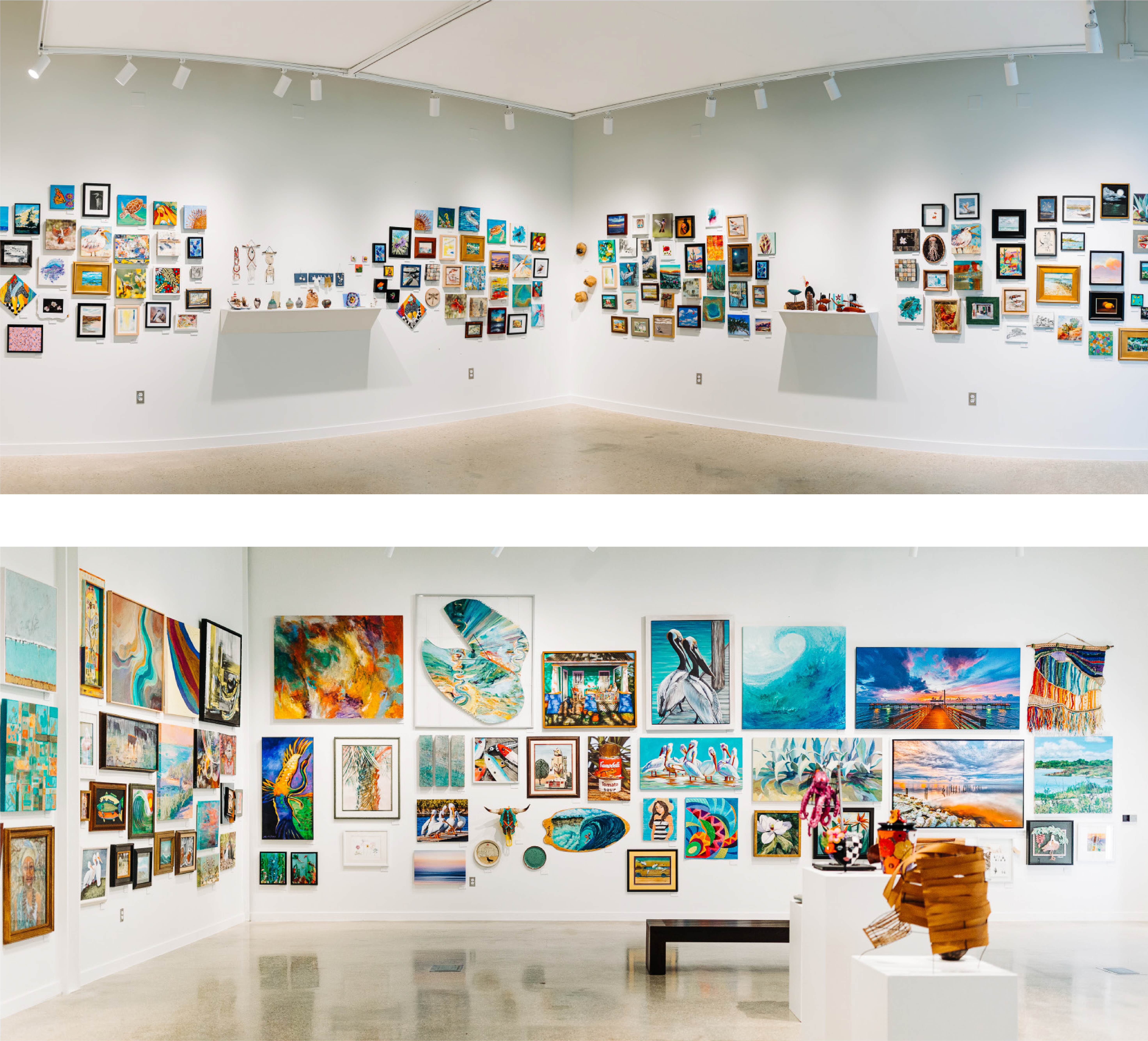 Both Images: The interior galleries of Rockport Center for the Arts' new campus lined with vibrantly colored pieces of art.