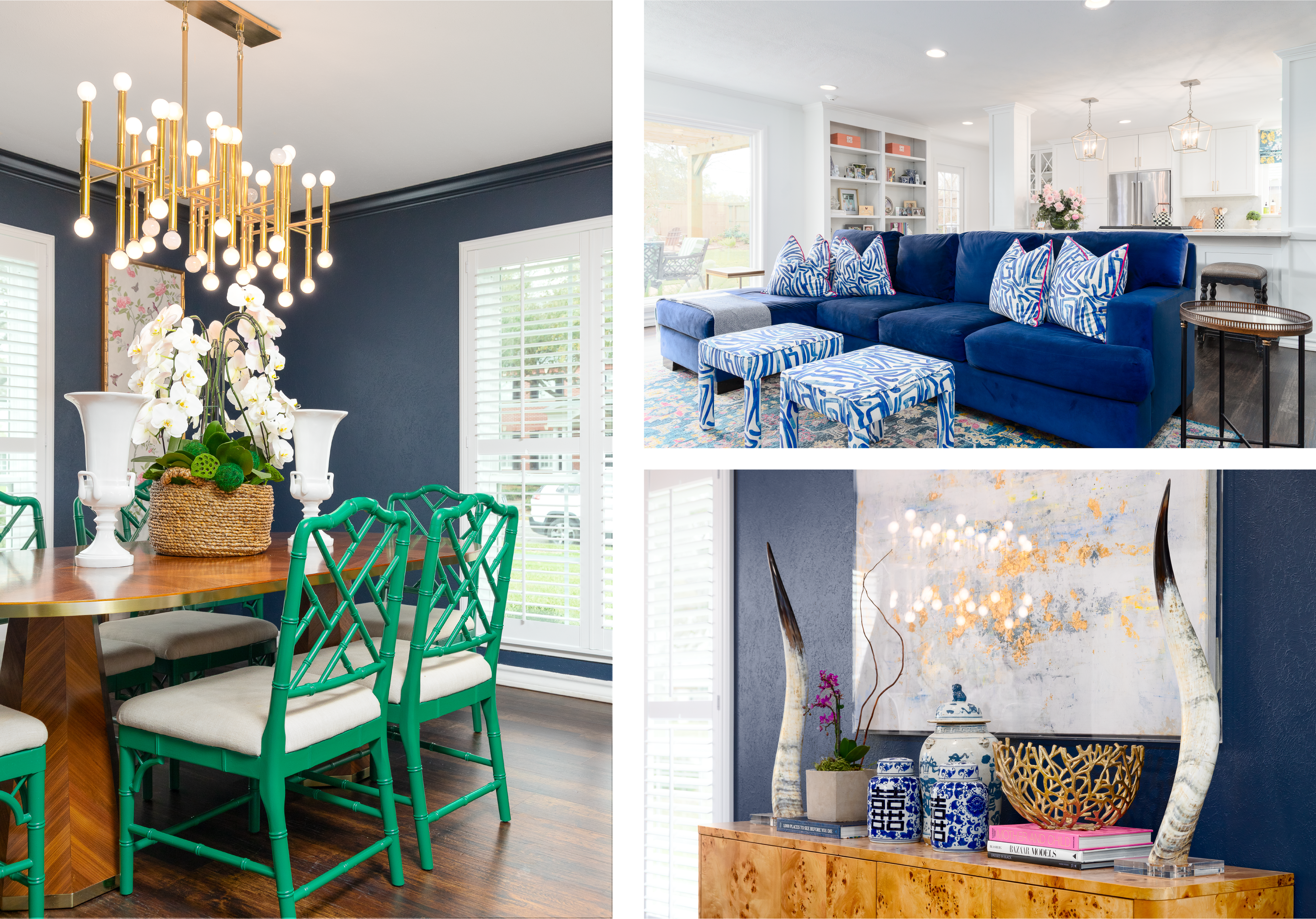 A collage of photos from inside a Corpus Christi family home. Left: Green bamboo dining chairs line a parquet dining table, topped with grand porcelain vases with white orchids and greenery on top, with a golden Hollywood Regency style Jonathan Adler chandelier above. Right Top: A vibrant blue fabric sectional couch topped with white and blue paint-stroked patterned pillows and matching ottoman tables in the bright and airy living room. Right Bottom: Various collectible items, porcelain dishes, coffee table books, and orchids sit on top of a solid burl wood credenza.