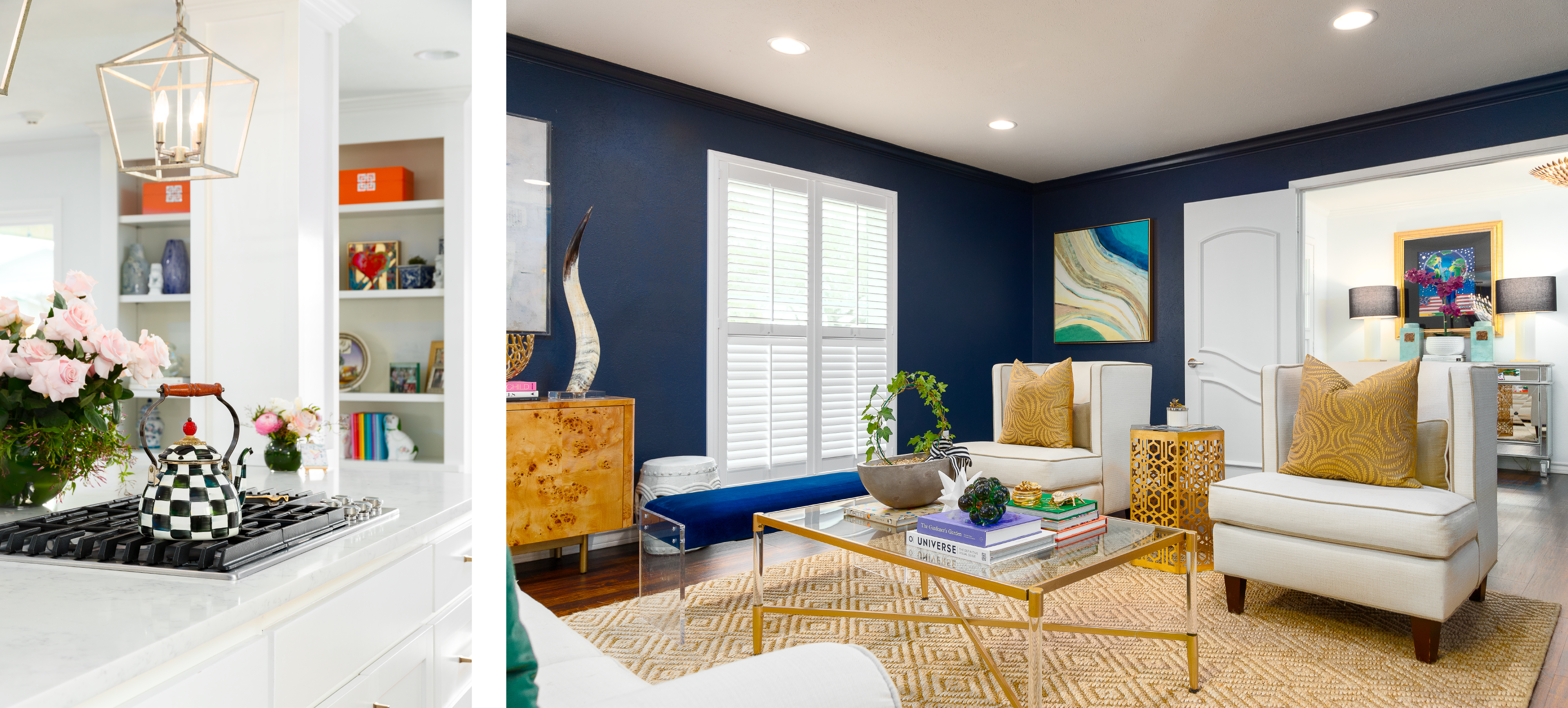 A collage of two photos from inside a Corpus Christi family home. Left: A black and white checkered porcelain tea kettle sits on top of the island stove in a bright and airy, white kitchen with fresh, light pink roses. Right: The rich blue living room walls with traditional-style white chairs and couch.