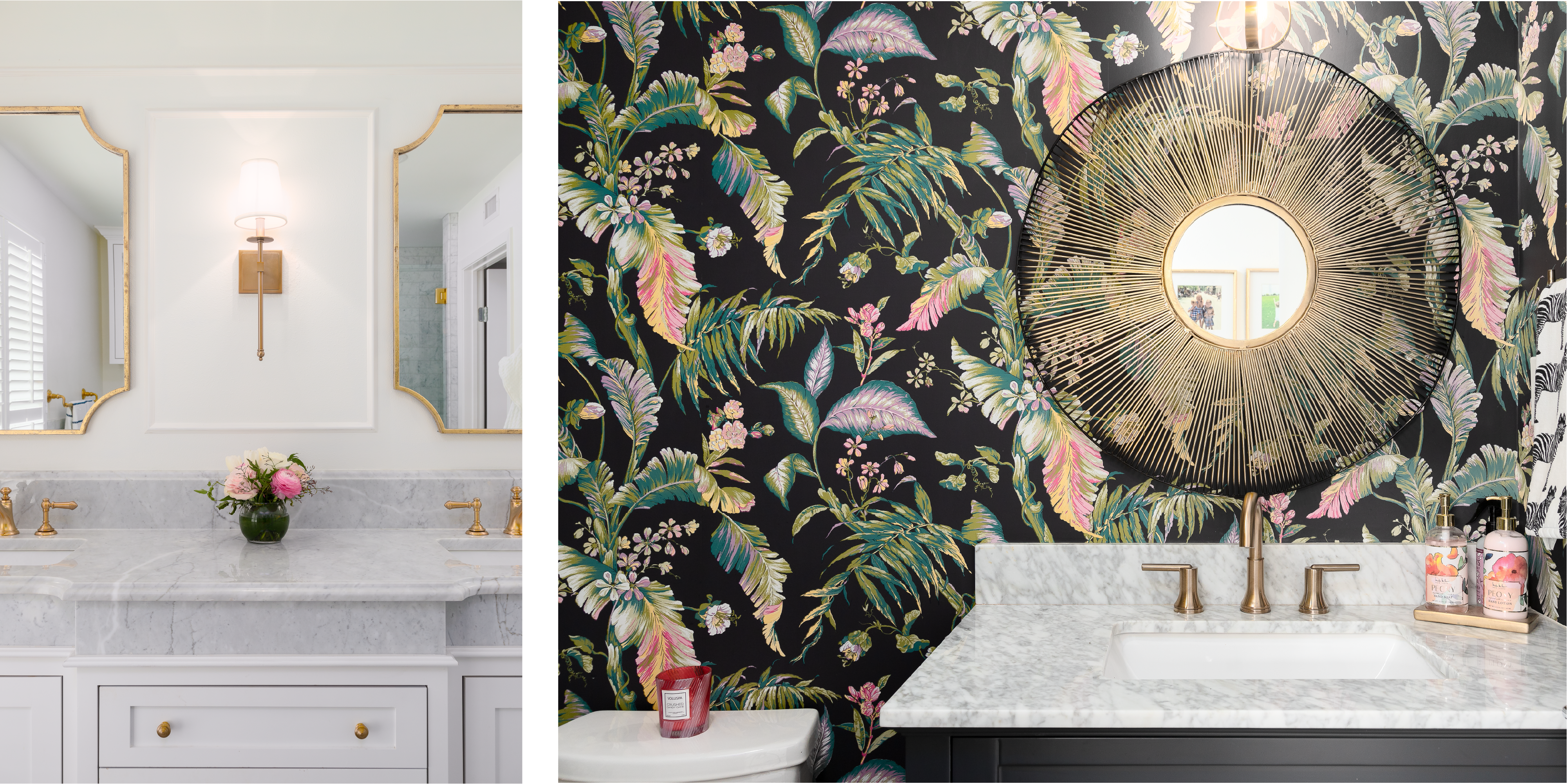 A collage of two photos from inside a Corpus Christi family home. Left: Golden-edged mirrors on the wall of a bright-white powder room. Right: A tropical colorful and eye-catching wallpaper lines the walls of another powder room with a golden art-deco style mirror hanging above the sink.