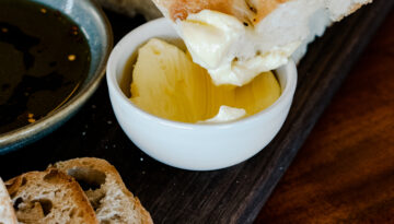 Bread & Butter: Crisp Chili Lime Foccacia dipped in homemade butter with balsamic and oil at Elizabeth's at the Art Museum.