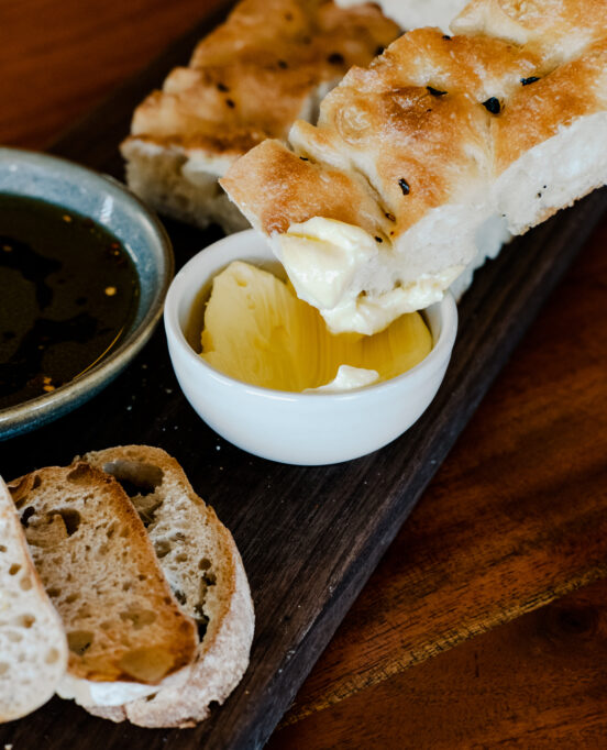 Bread & Butter: Crisp Chili Lime Foccacia dipped in homemade butter with balsamic and oil at Elizabeth's at the Art Museum.
