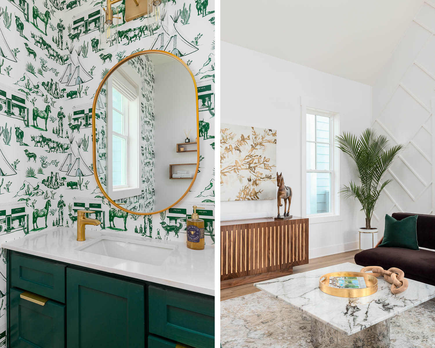 Photo of Port Aransas beach house showcasing emerald tones and toile wallpaper. 