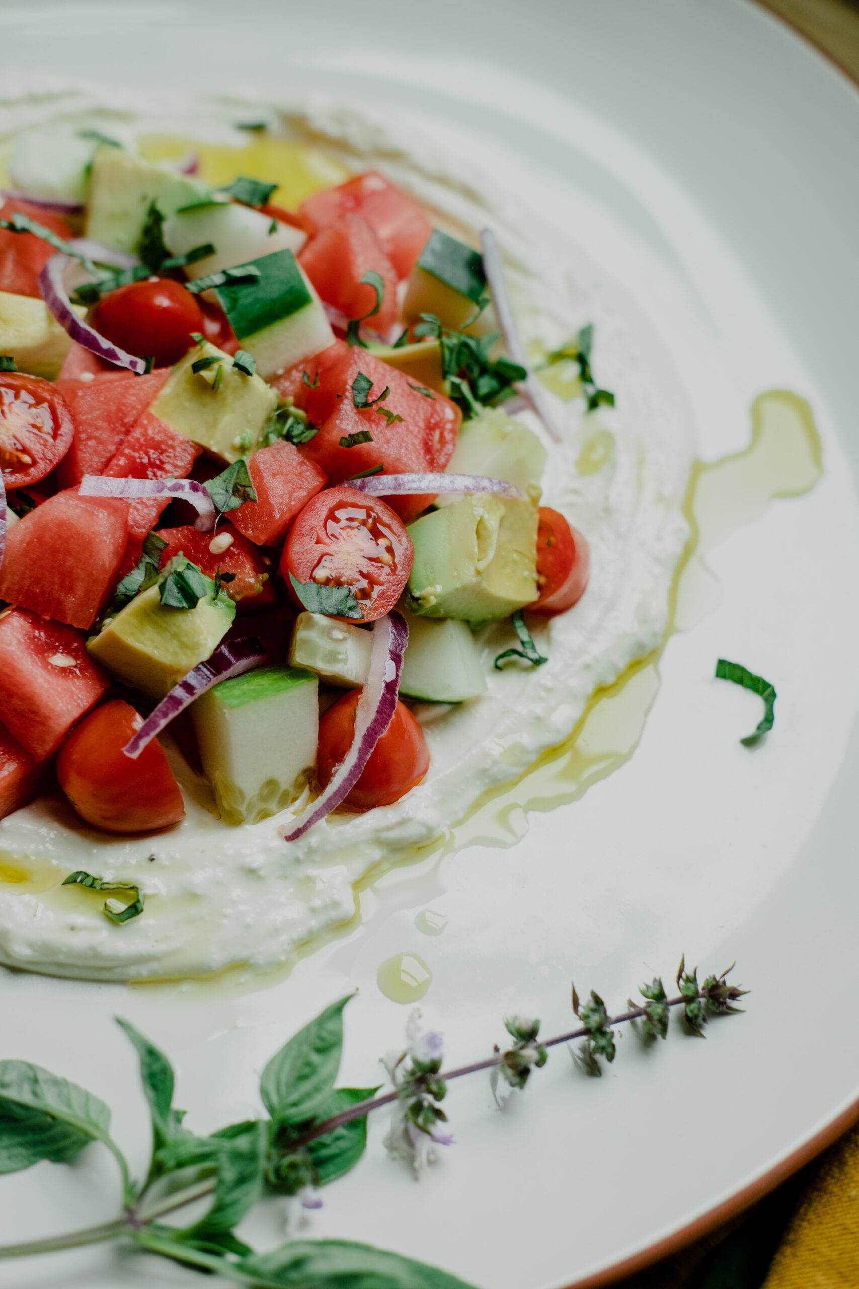 Watermelon salad with other fresh ingredients for the summer.