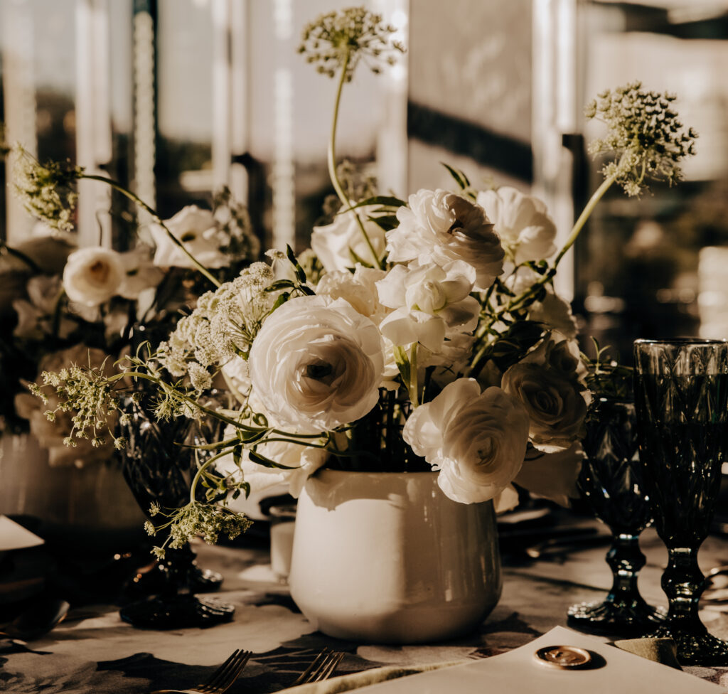 Floral arrangement on the table at a private event at The Roughian in Corpus Christi, Texas. 