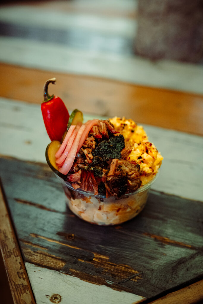 An order of loaded mac 'n cheese from Fullsend BBQ in Corpus Christi, Texas.