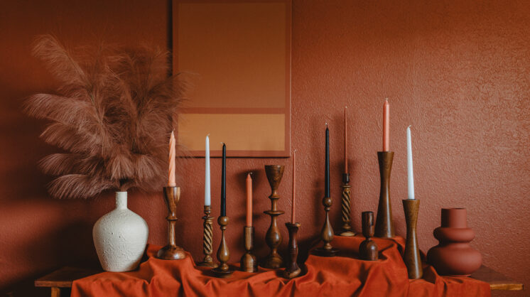 A candlestick collection sourced from local shops in Corpus Christi, Texas.