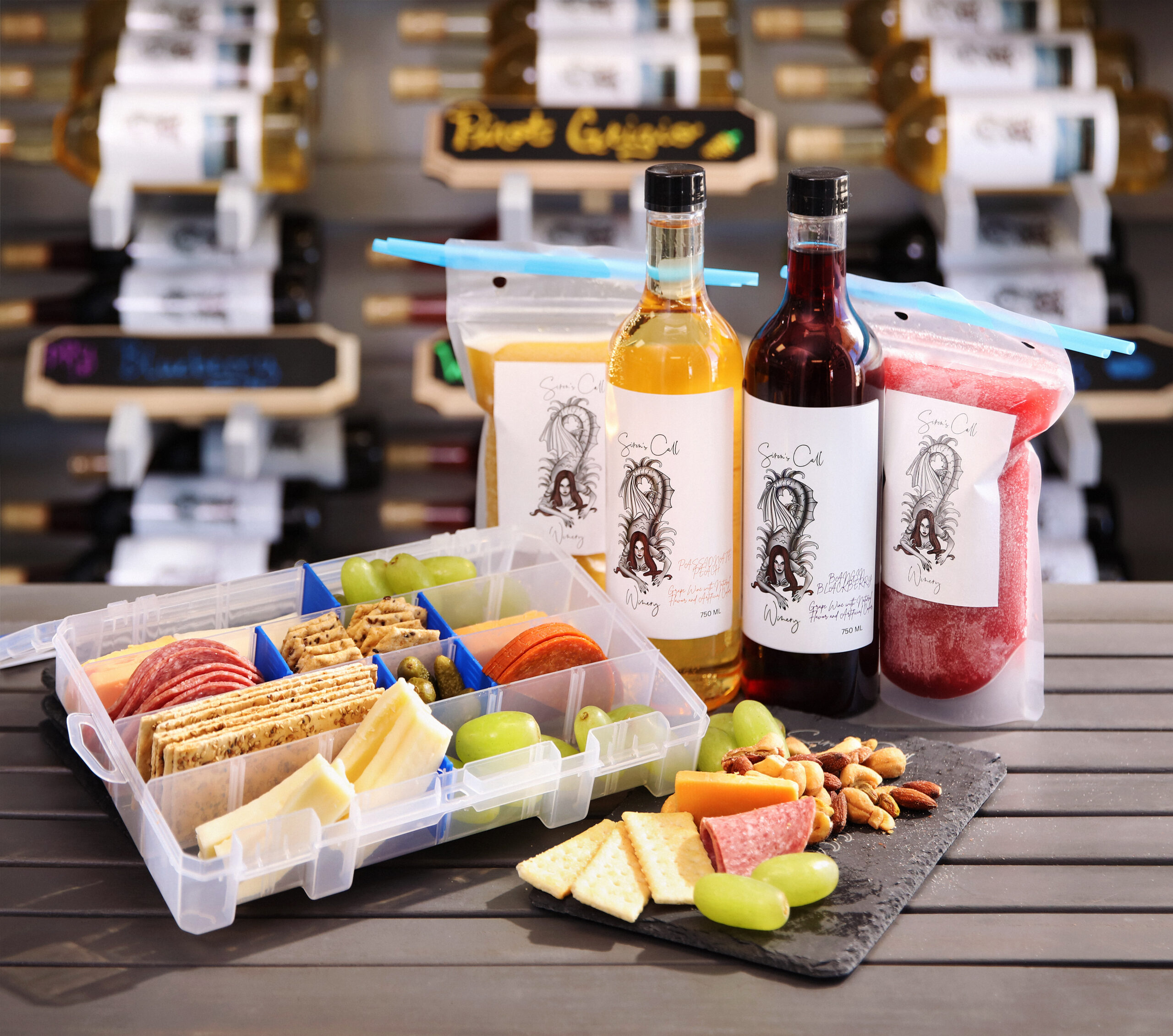 wine pouches and snack tackle boxes from Siren's Call Winery 