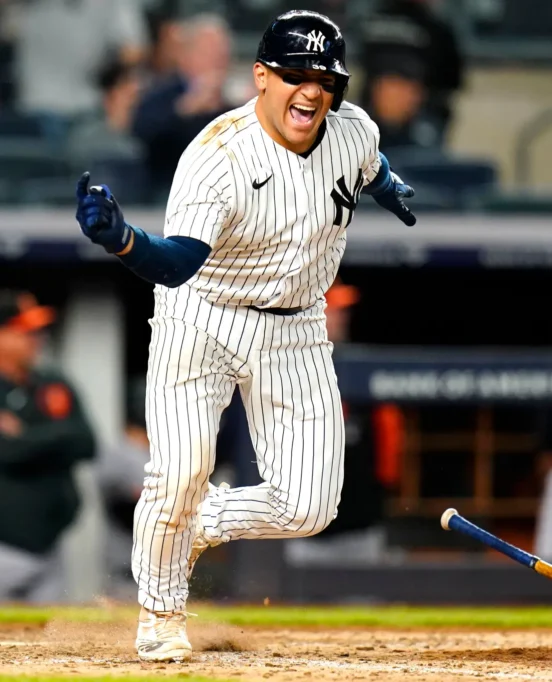 Jose Trevino celebrates after hitting a game-winning single in the 11th inning of the Yankees’ 7-6 win over the Orioles. CREDIT: AP