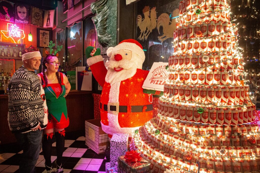 The Lone Star beer can Christmas tree at House of Rock's annual Christmas Eve Tamale Dinner in Corpus Christi, Texas. 