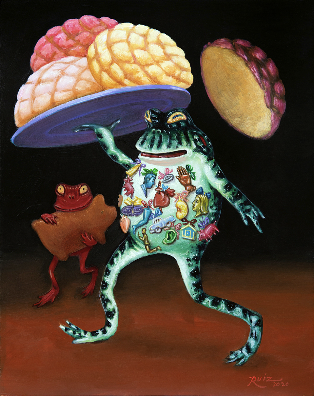 A painting from Ricardo Ruiz depicting a frog carrying a plate of conchas. 