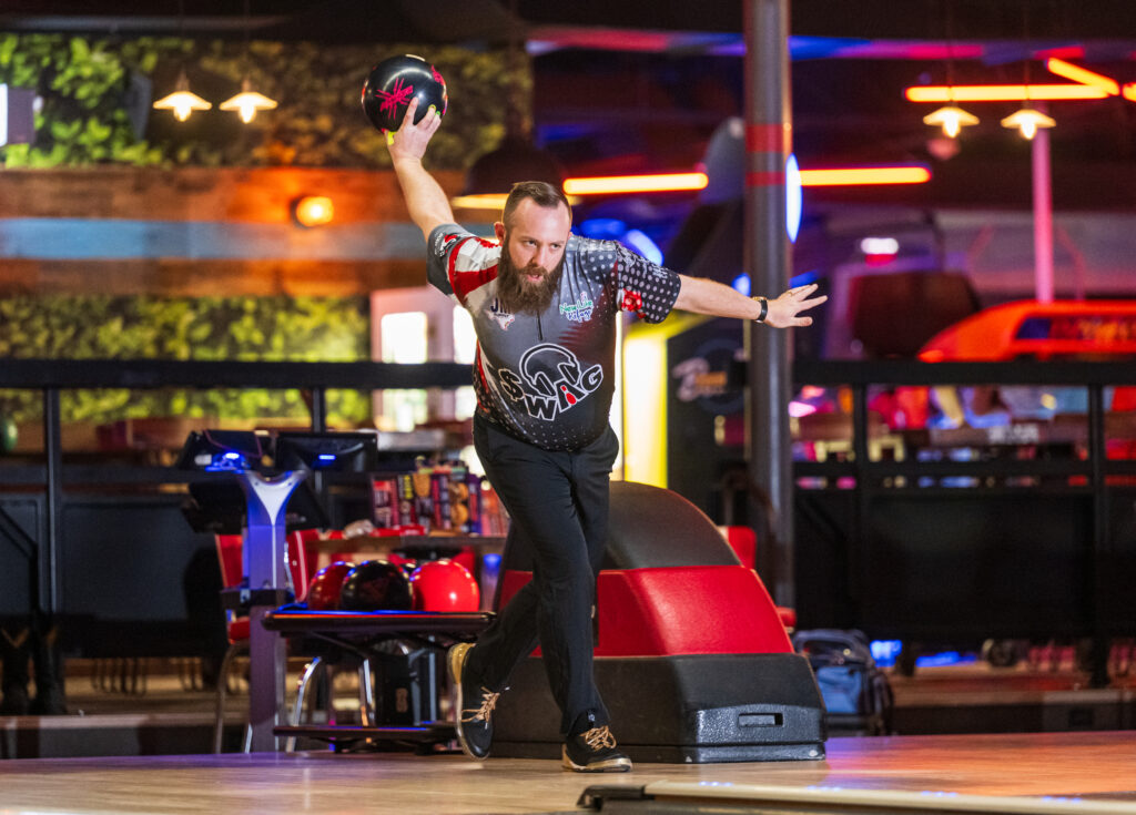 Colton Bartel, a PBA player, launches his ball down a lane in Corpus Christi, Texas.