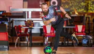 Colton Bartel, a PBA player, launches his ball down a lane in Corpus Christi, Texas.