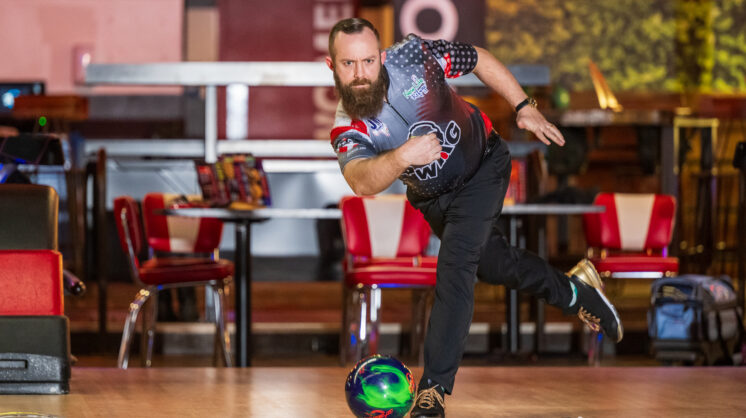 Colton Bartel, a PBA player, launches his ball down a lane in Corpus Christi, Texas.