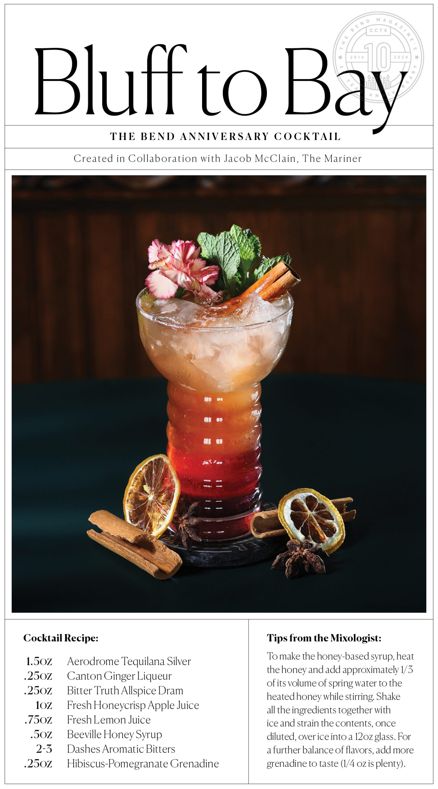 photo and a recipe for The Bend Magazine's anniversary cocktail crafted by The Mariner