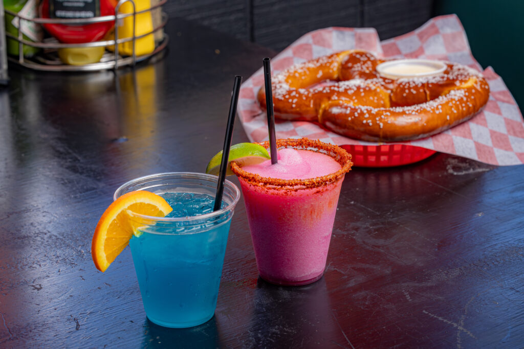 photo of the prickly pear margarita and pretzel at Bier Haus