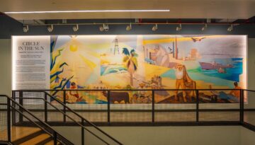 a photo of the iconic Corpus Christi mural, "Circle in the Sun" that was digitally recreated and on display at Del Mar College Oso Creek Campus