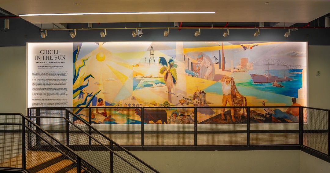 a photo of the iconic Corpus Christi mural, "Circle in the Sun" that was digitally recreated and on display at Del Mar College Oso Creek Campus