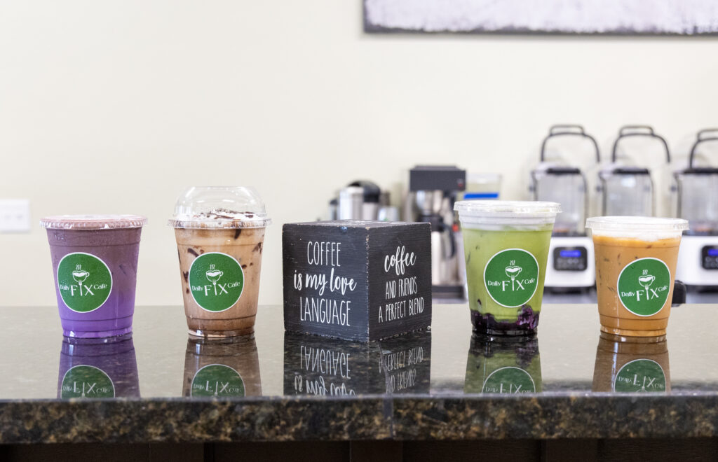 Beverages lined up on the counter at the Daily Fix Cafe in Corpus Christi. 