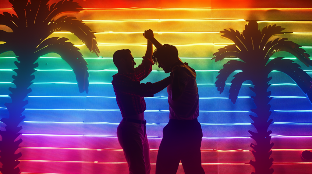 A couple dances in front of a rainbow and palm tree filled backdrop as part of the UNITY 89.1FM radio station's marketing materials.