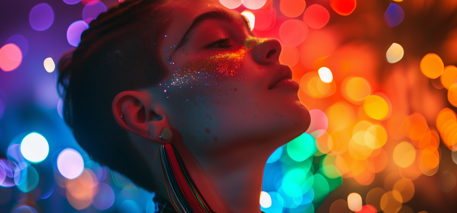 An individual is photographed amid a rainbow background for UNITY 89.1FM radio station.