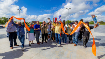 A group of skaters and community members cut the ribbon on the brand new West Guth Skatepark in Corpus Christi, Texas.