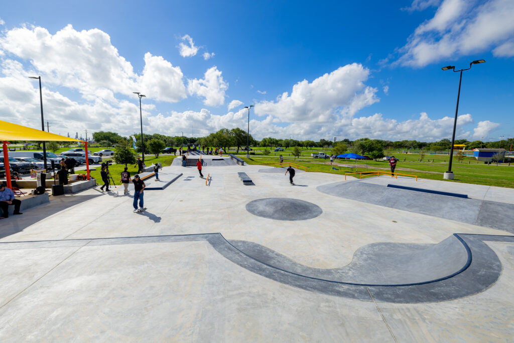 A wide shot of the new West Guth Skatepark in Corpus Christi, Texas.