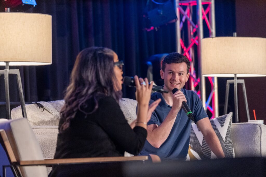 A moderator and panel guest mid-conversation at the 2023 Corpus Christi Comic Con.