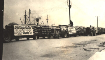 Bags of coffee arrive at the Port of Corpus Christi, Nov. 30, 1936