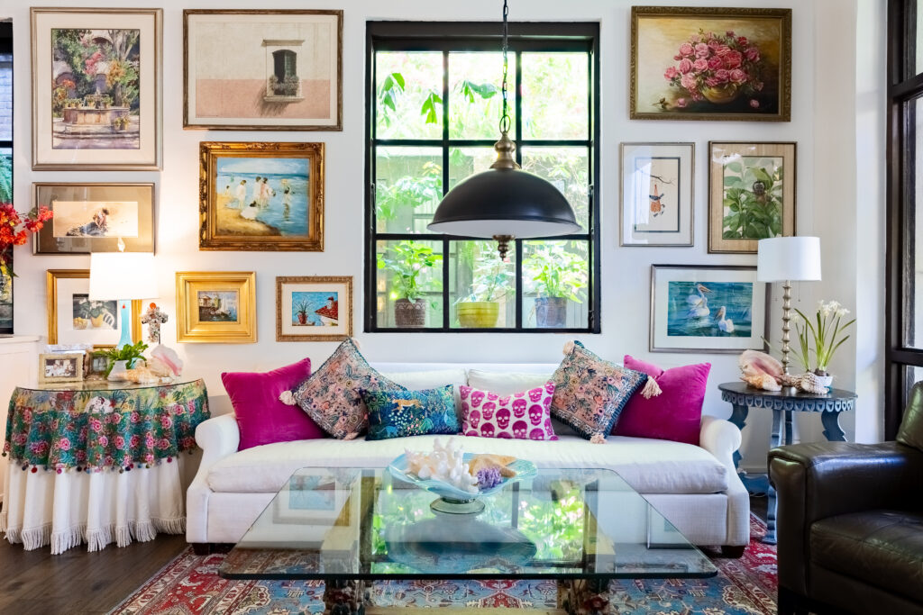 White walls filled with art and decorations in family home