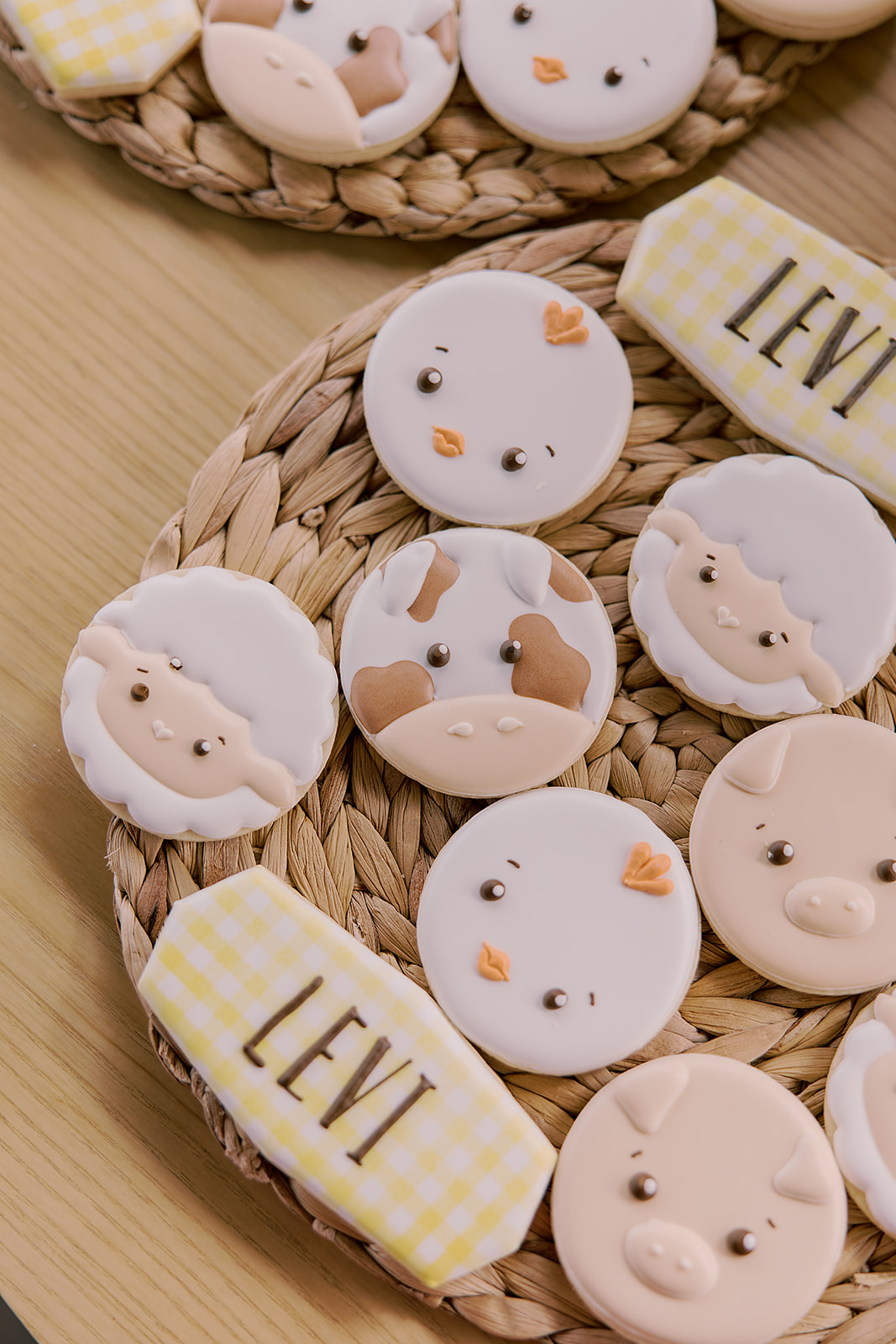 Jennifer Rose Custom Cookies created adorable animal face cookies and yellow gingham name cookies for a delightful treat.