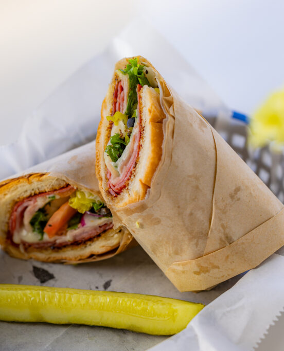 A wrap and pickle in a serving basket from PIK-NIK in Rockport, Texas.