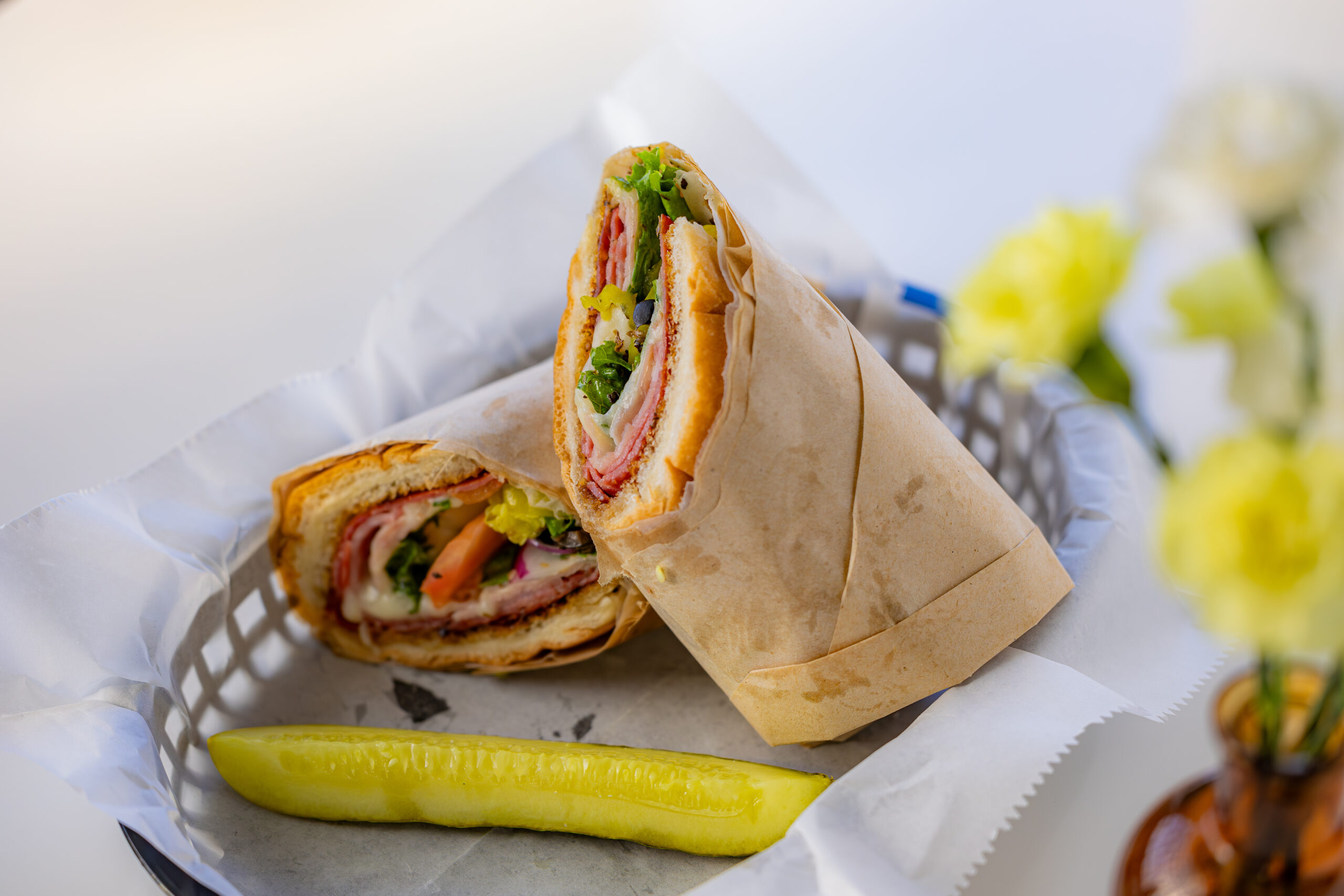 A wrap and pickle in a serving basket from PIK-NIK in Rockport, Texas.