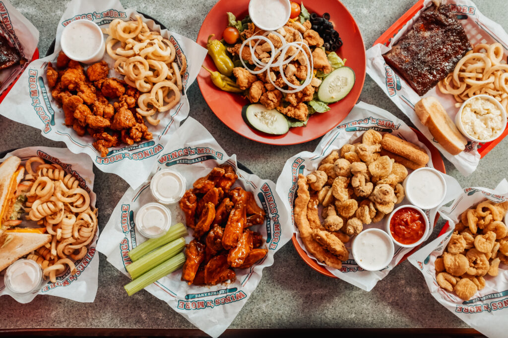 An array of food from Wings N More in Corpus Christi.