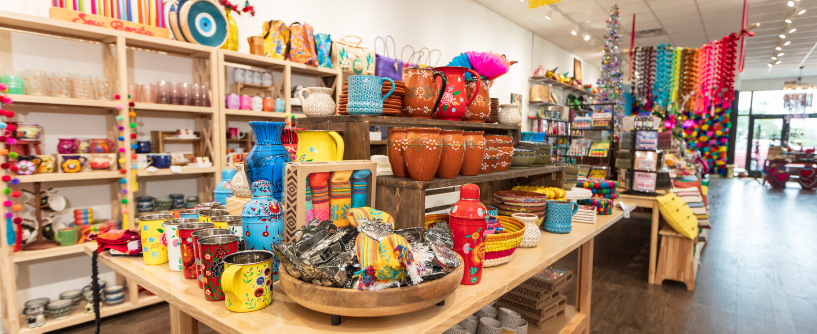 Shelves of merchandise inside one of the best places to shop in Corpus Christi, Sew Bonita.