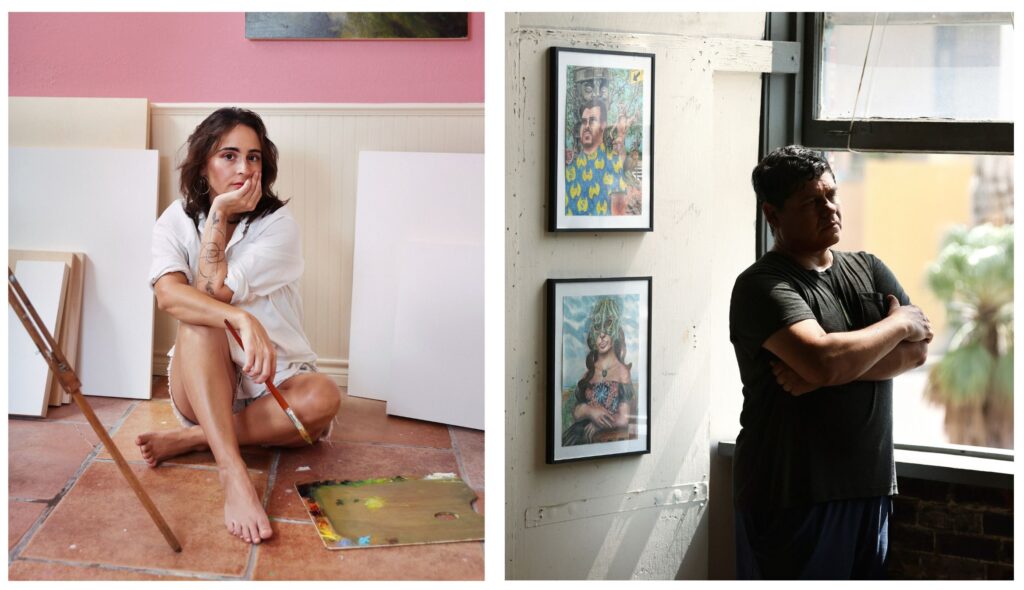 Local artist Elena Rodriguez poses in her home studio on the left. On the right, artist Gerald Flores poses in his studio at K Space Contemporary.