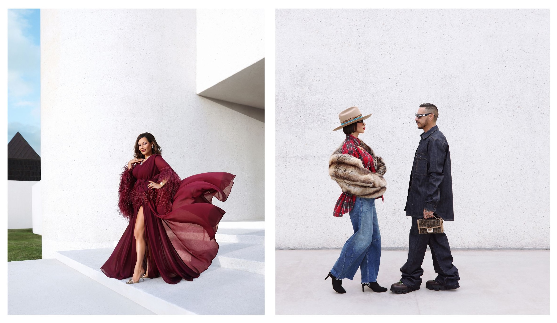 On the left, a woman stands in front of the Art Museum of South Texas in a burgundy flowing dress. On the left, a woman and man stand facing each other in fashionable outfits at the Art Museum of South Texas.