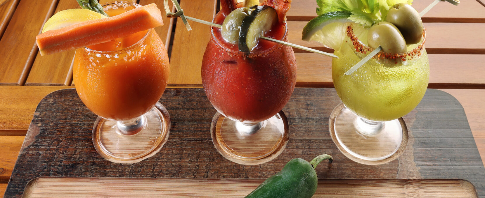 Bloody Mary flight at Ridley's on the Island in Corpus Christi, Texas.