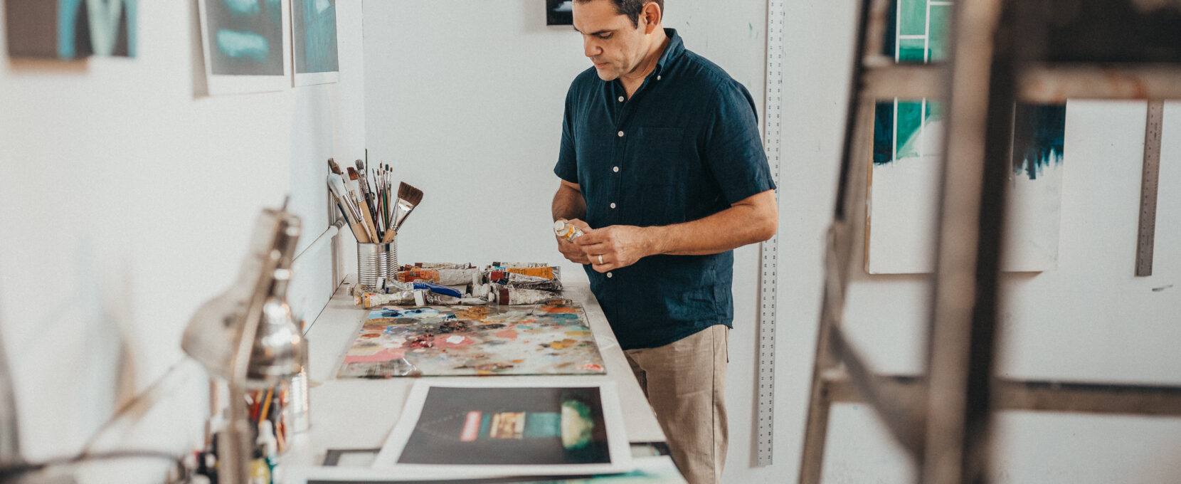 Joe Pena, an artist in Corpus Christi, Texas, in his local art studio.