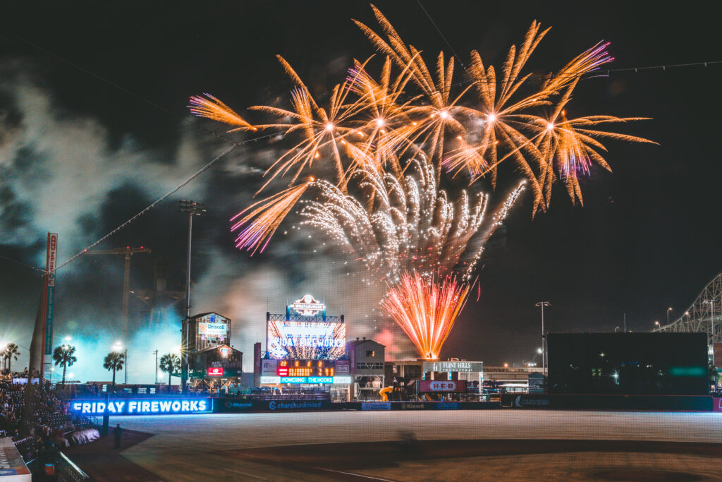 Fireworks over Whataburger Field in Corpus Christi, Texas.