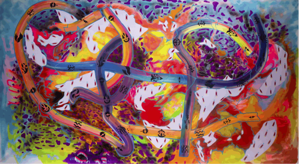 A very colorful artwork with spots, ribbons of color, and various patterns. 