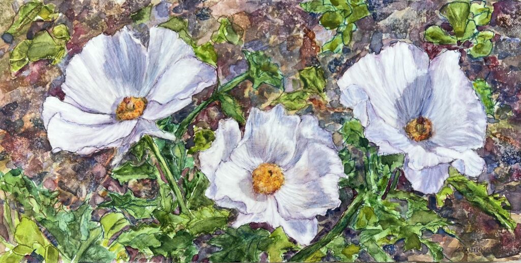 Three white flowers painted against greenery.