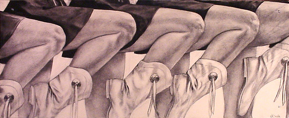 Black and white drawing of a line of drill team dancers, showing only their legs making the same pose.