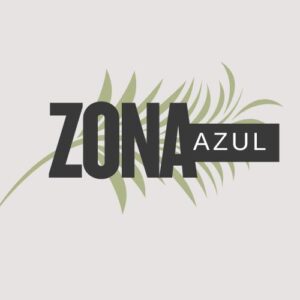 A logo for Zona Azul, displaying the text over a green cartoon leaf.