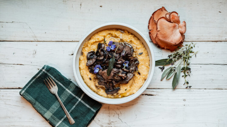 An overhead image of a vegan mushroom polenta made by Kayla Butts.