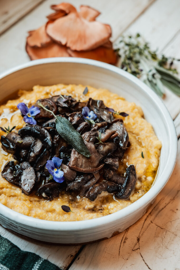 A close up shot of a vegan mushroom polenta made by Kayla Butts.